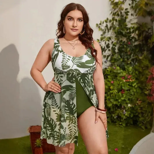 Robe de bain gainante à col en U et jupe en résille - Vert - 5XL - image 0