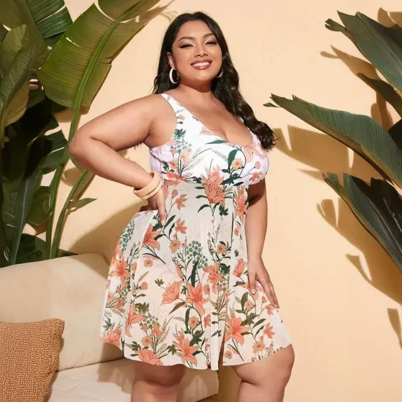 Maillot de bain une pièce imprimé feuilles - Rose - 5XL - image 1