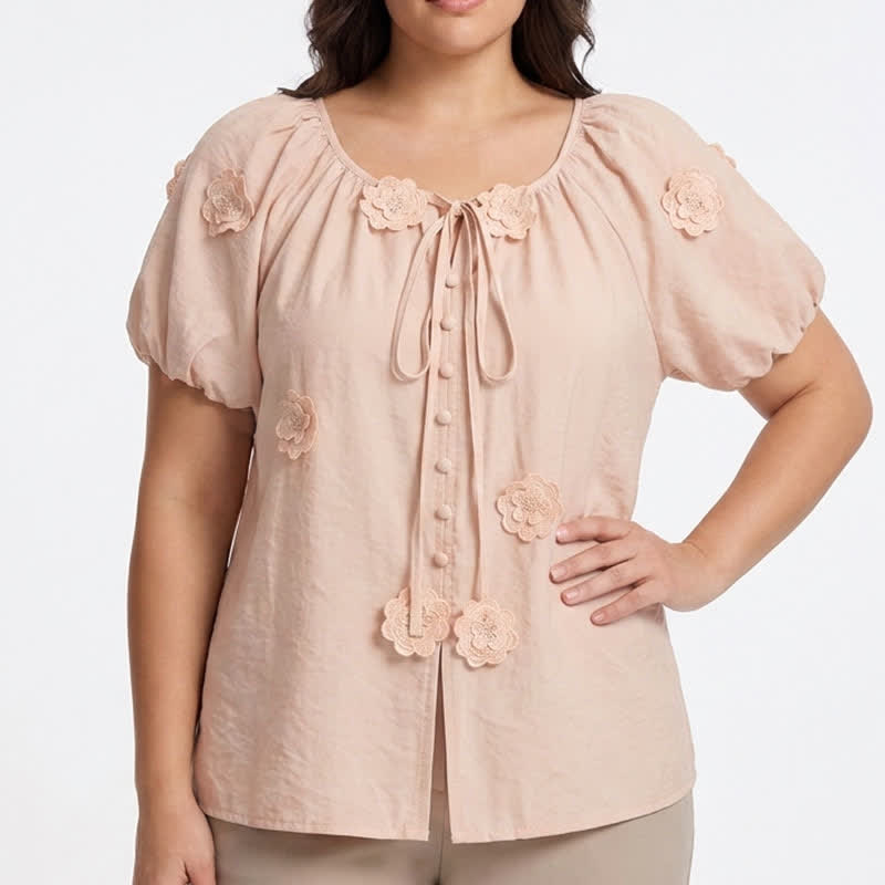Blouse à manches bouffantes et application florale, noué sur le devant, avec nœud sur le devant. - image 1