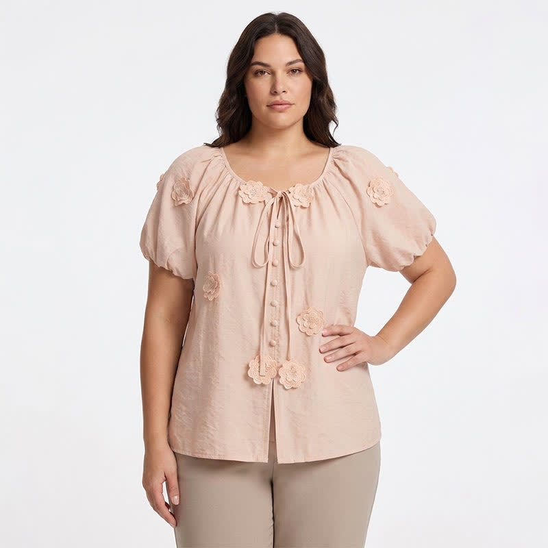 Blouse à manches bouffantes et application florale, noué sur le devant, avec nœud sur le devant. - image 0