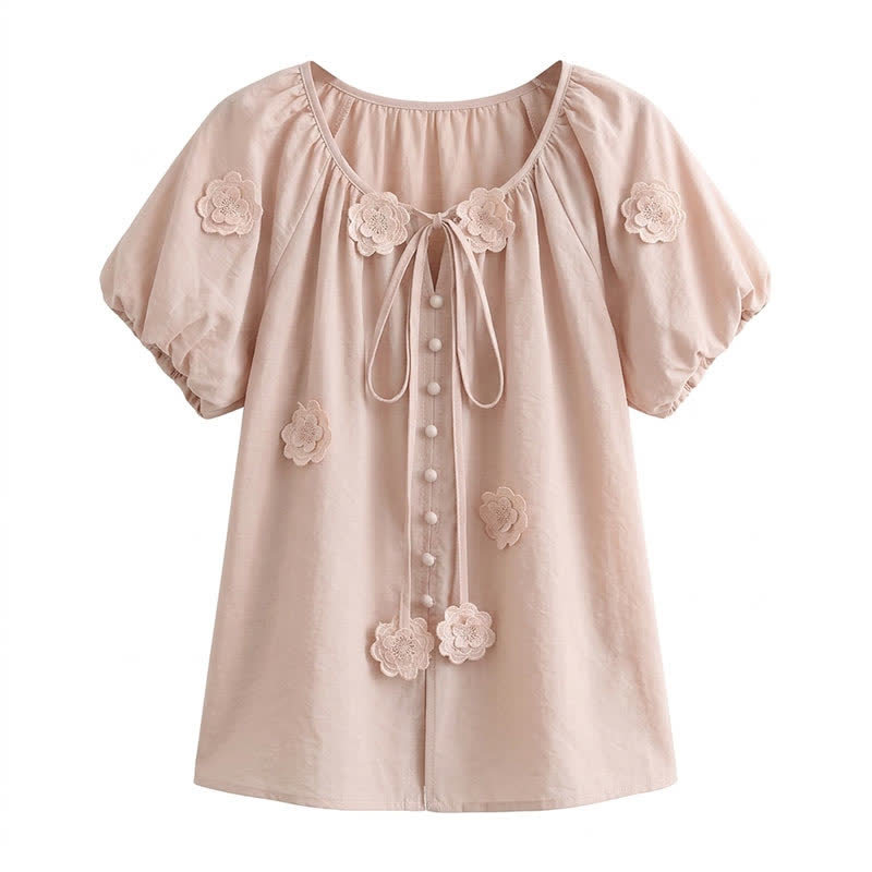Blouse à manches bouffantes et application florale, noué sur le devant, avec nœud sur le devant. - Rose - 4XL - image 4