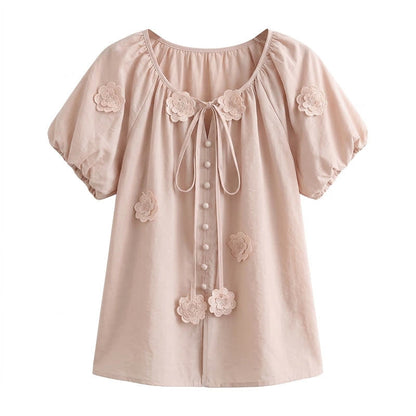 Blouse à manches bouffantes et application florale, noué sur le devant, avec nœud sur le devant. - Rose - 4XL - image 4
