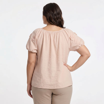 Blouse à manches bouffantes et application florale, noué sur le devant, avec nœud sur le devant. - image 2
