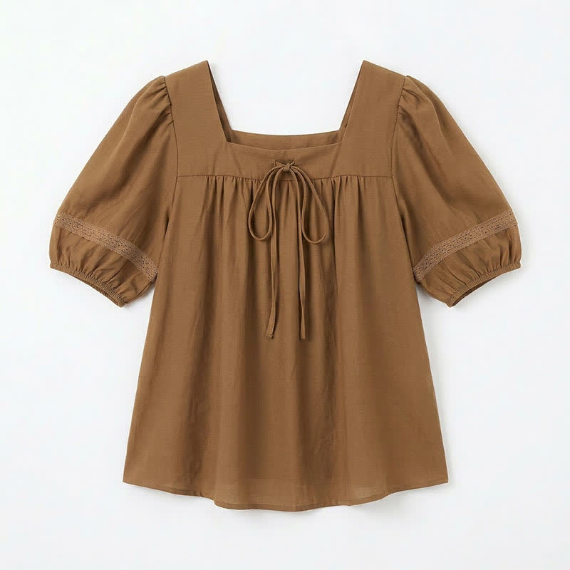 Blouse grande taille d'inspiration vintage à col carré - Kaki - 4XL - image 9