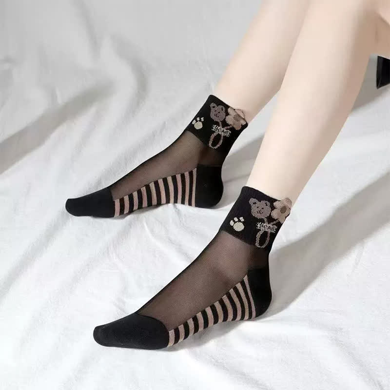 Chaussettes courtes en maille avec de jolis oursons (10 paires) - Noir-C - 40(US2-7) - image 3