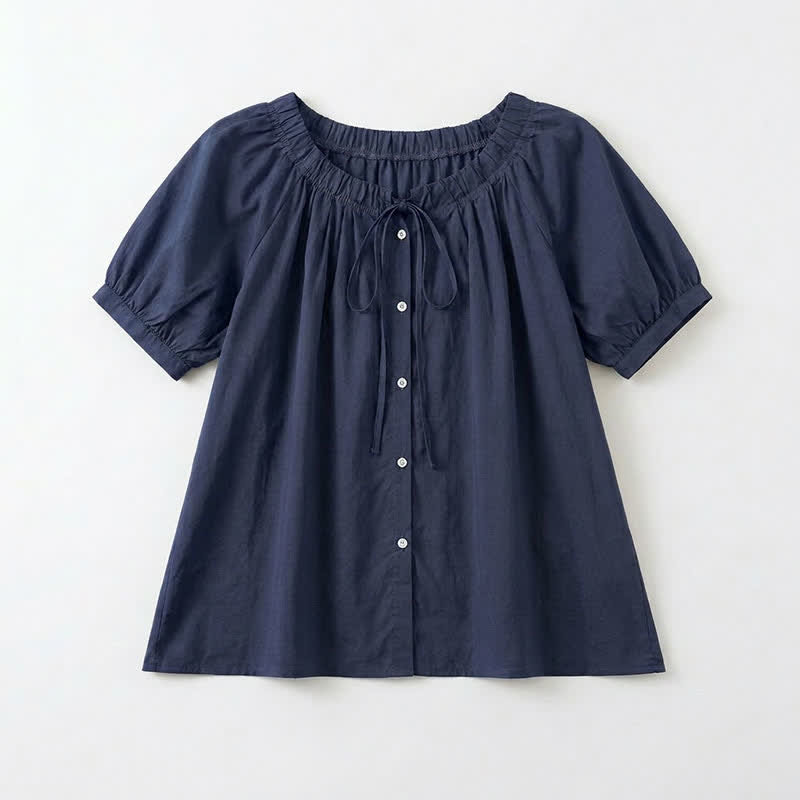 Chemisier vintage à col lavallière et boutons sur le devant - Bleu marine - 4XL - image 4
