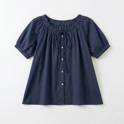 Chemisier vintage à col lavallière et boutons sur le devant - Bleu marine - 4XL - image 4