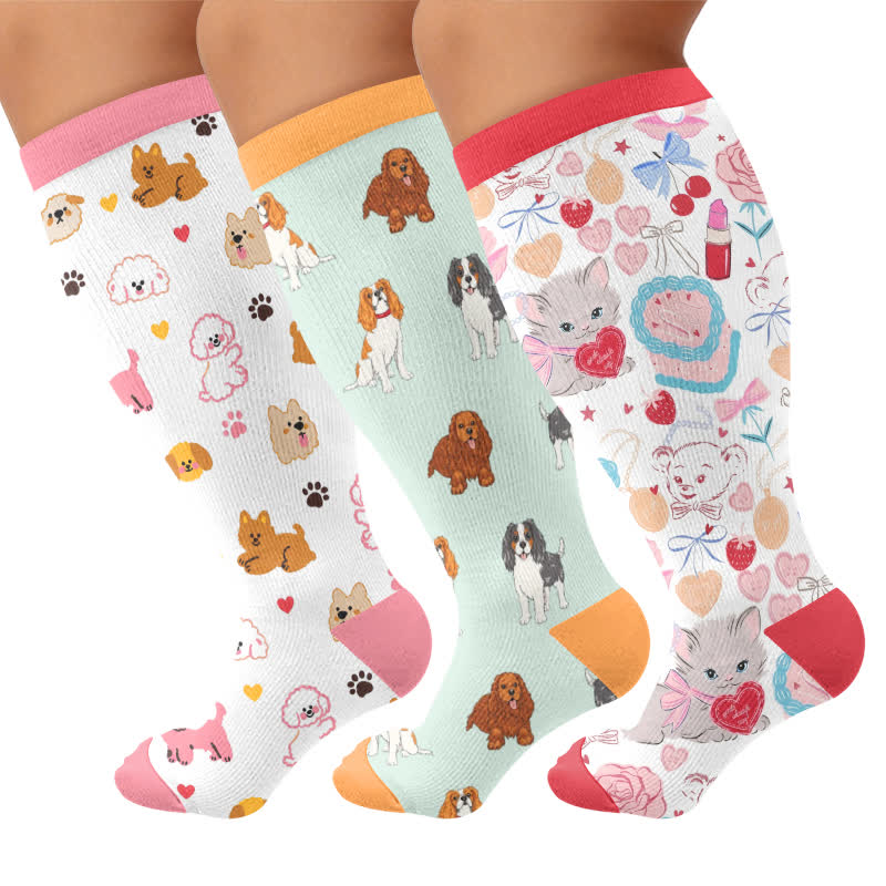 Chaussettes de compression grandes tailles en forme de cœur de chiot - Multicolore (3 paires) - 4XL - image 4