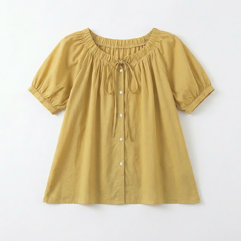 Chemisier vintage à col lavallière et boutons sur le devant - Jaune - 4XL - image 7