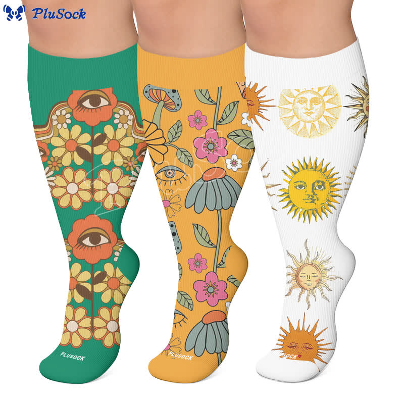 Chaussettes de compression rétro grande taille à effet œil et fleurs - image 0