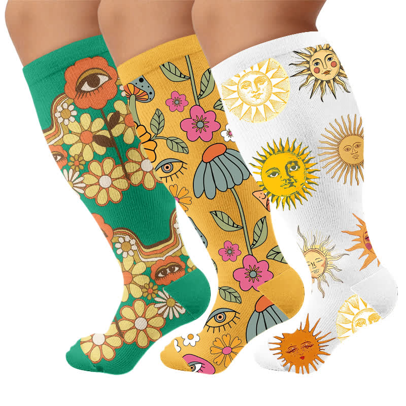 Chaussettes de compression rétro grande taille à effet œil et fleurs - Multicolore (3 paires) - 4XL - image 4