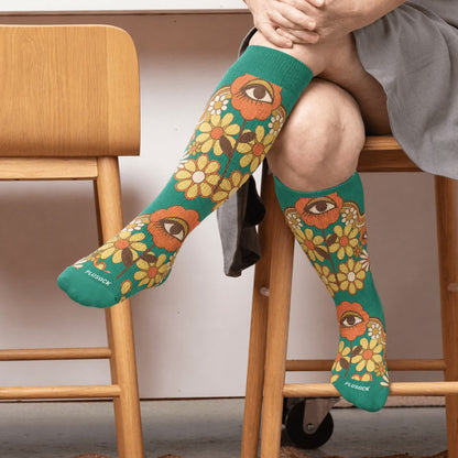 Chaussettes de compression rétro grande taille à effet œil et fleurs - Vert (1 paire) - 4XL - image 1