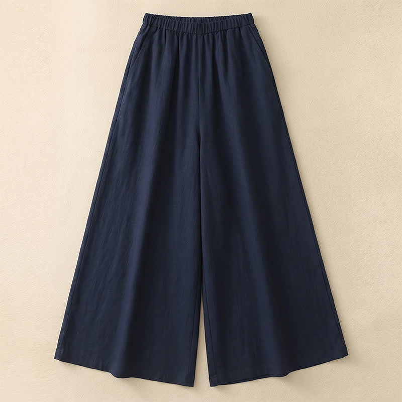 Pantalon décontracté à jambes larges et cordon de serrage en lin mélangé - Navy Blue - 4XL - image 0