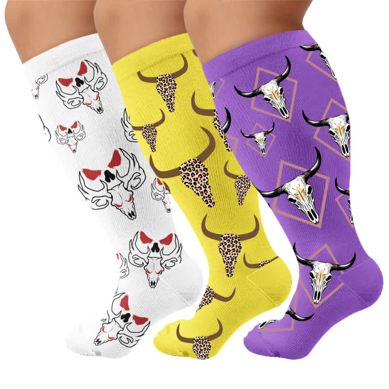 Chaussettes de compression grande taille à motif de taureau western - Multicolore (3 paires) - 4XL - image 4