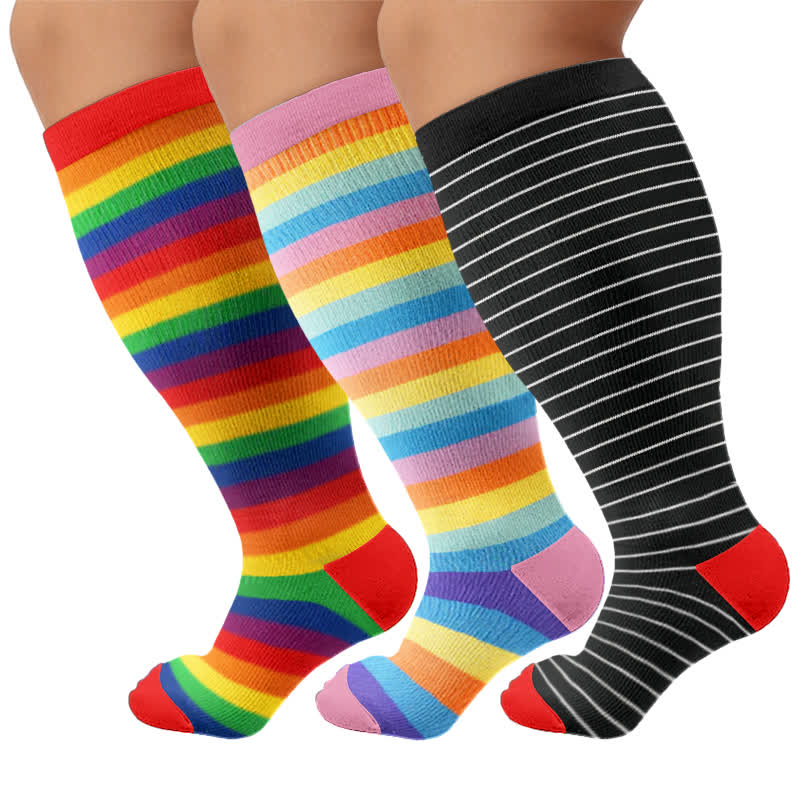 Chaussettes de compression grandes tailles à rayures arc-en-ciel - Multicolore (3 paires) - 4XL - image 4