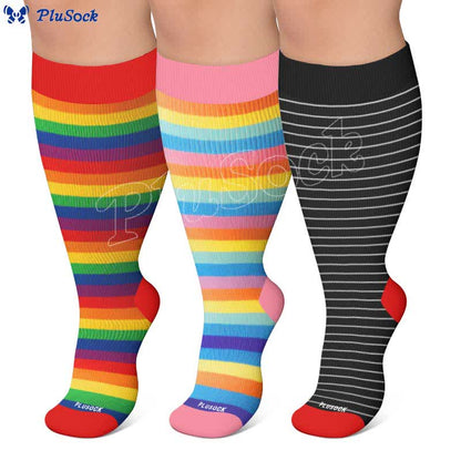 Chaussettes de compression grandes tailles à rayures arc-en-ciel - image 0