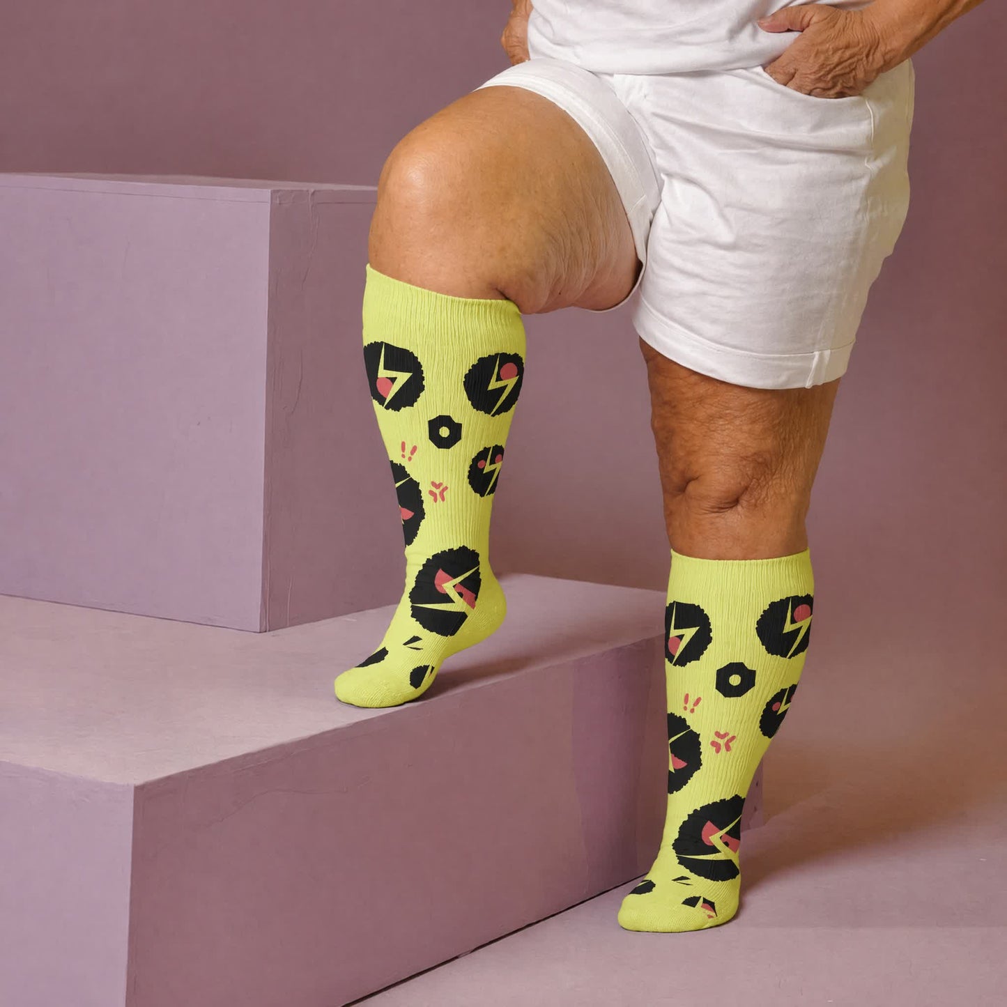 Chaussettes de compression grandes tailles à motif patte de chat blanche - Jaune (1 paire) - 4XL - image 3