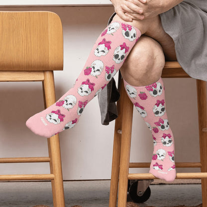 Chaussettes de compression grande taille Kawaii à nœud tête de mort et nœud papillon - Rose (1 paire) - 4XL - image 2