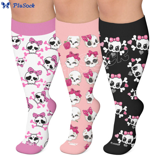 Chaussettes de compression grande taille Kawaii à nœud tête de mort et nœud papillon - image 0