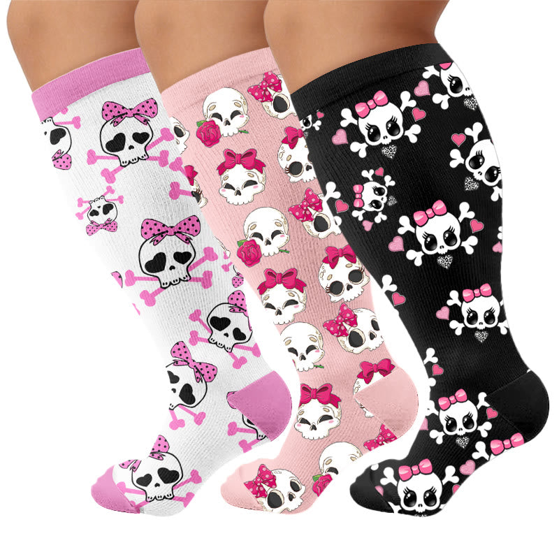 Chaussettes de compression grande taille Kawaii à nœud tête de mort et nœud papillon - Multicolore (3 paires) - 4XL - image 4