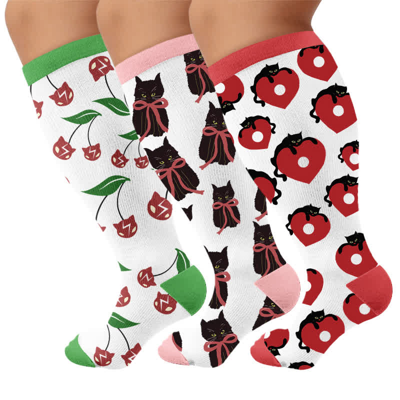 Chaussettes de compression grande taille Cherry Bow Cat - Multicolore (3 paires) - 4XL - image 4