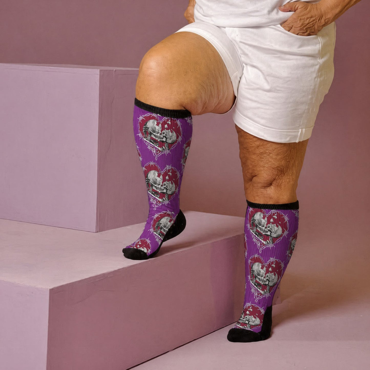 Chaussettes de compression punk crâne cœur grandes tailles - Violet (1 paire) - 4XL - image 2