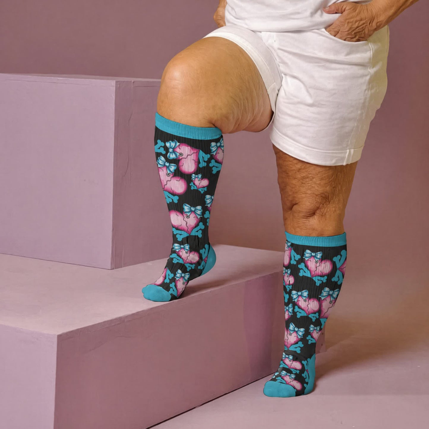 Chaussettes de compression à lacets grande taille avec motif crâne - Bleu (1 paire) - 4XL - image 3