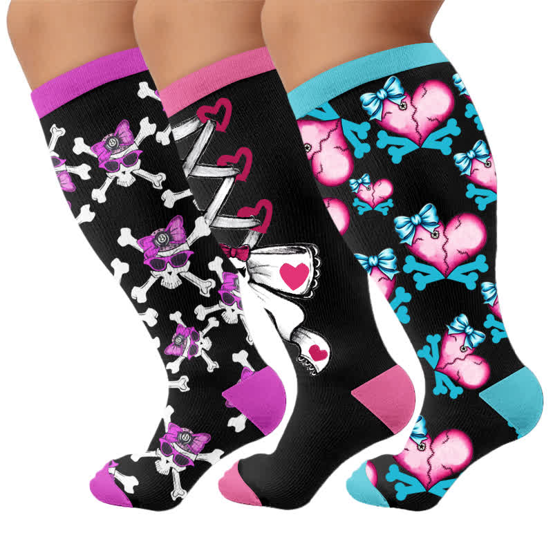 Chaussettes de compression à lacets grande taille avec motif crâne - Multicolore (3 paires) - 4XL - image 4