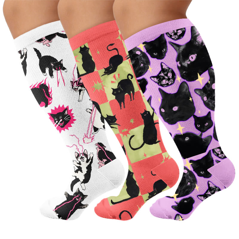 Chaussettes de compression grande taille Kawaii chat noir - Multicolore (3 paires) - 4XL - image 4