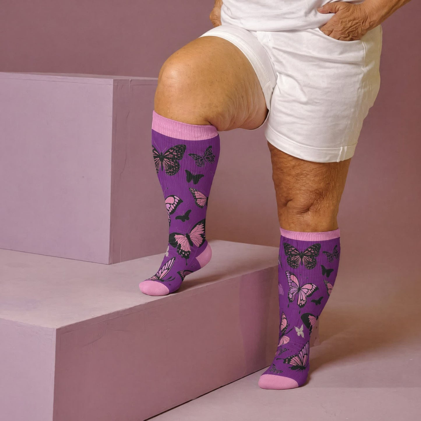 Chaussettes de compression papillon intégrales grandes tailles - Violet (1 paire) - 4XL - image 2