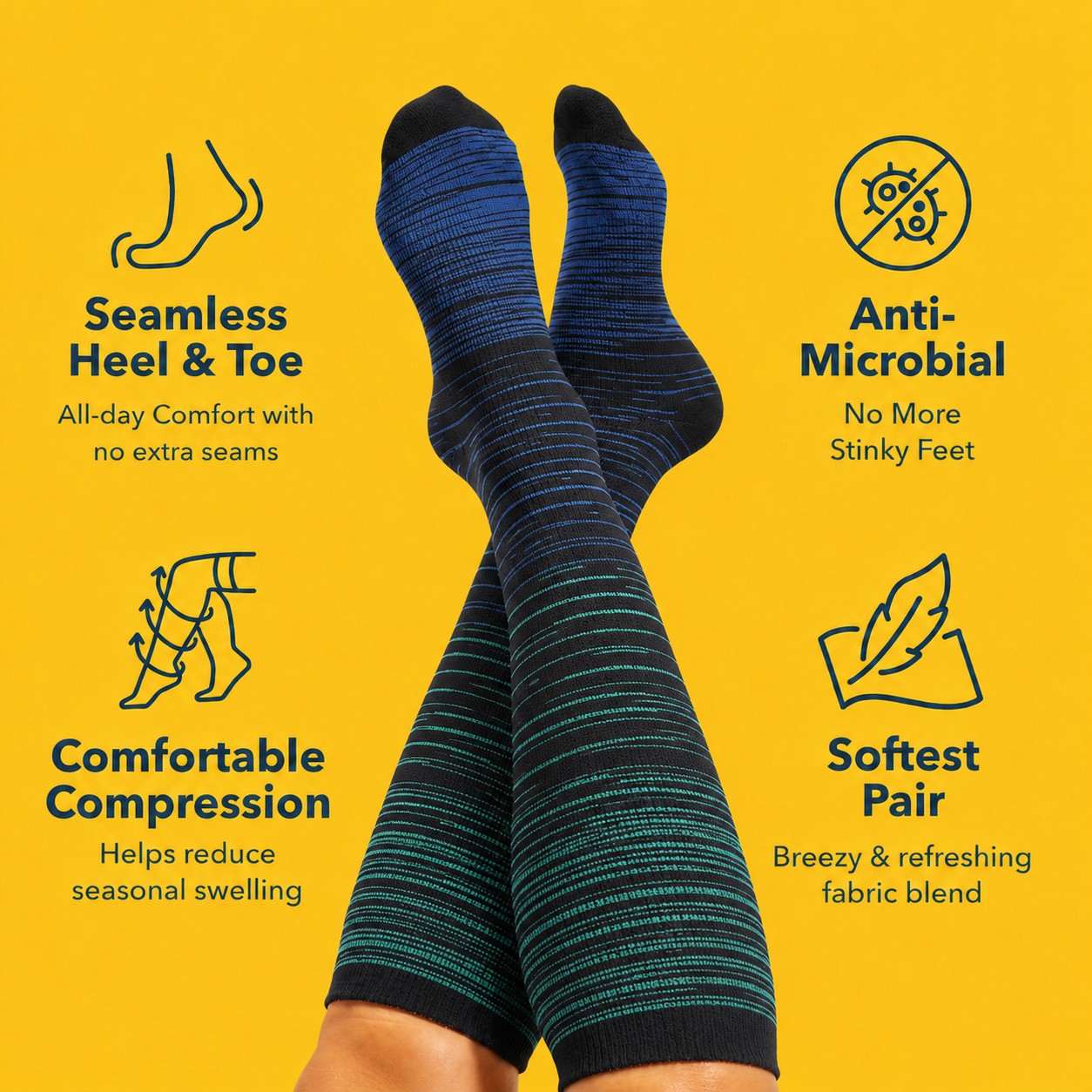 Chaussettes de compression en bambou à rayures bleues grandes tailles - image 1
