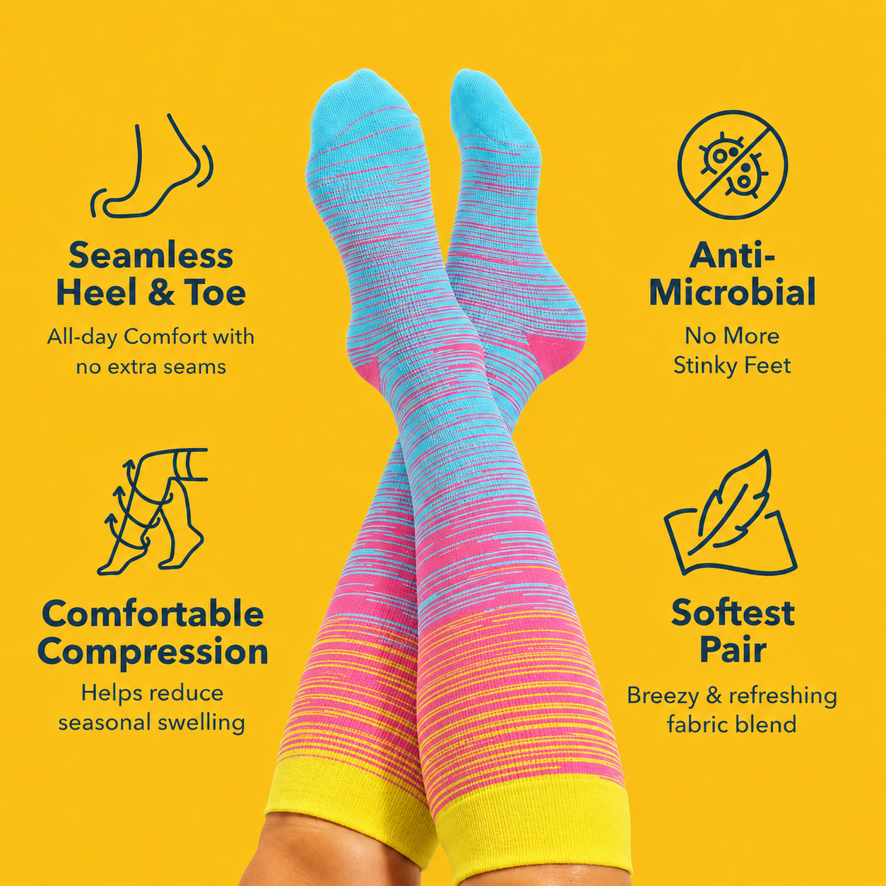 Chaussettes de compression en bambou à rayures roses grandes tailles - image 2