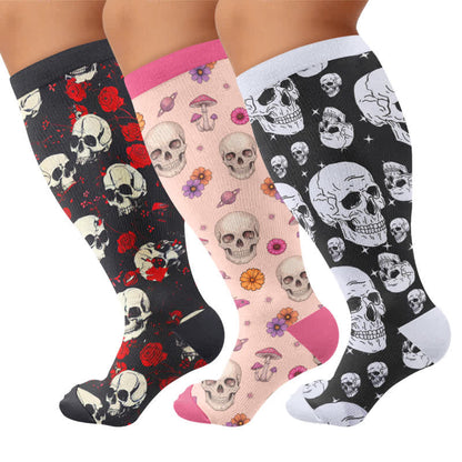 Chaussettes de compression gothiques grande taille tête de mort et Fuchsia - Multicolore (3 paires) - 4XL - image 4