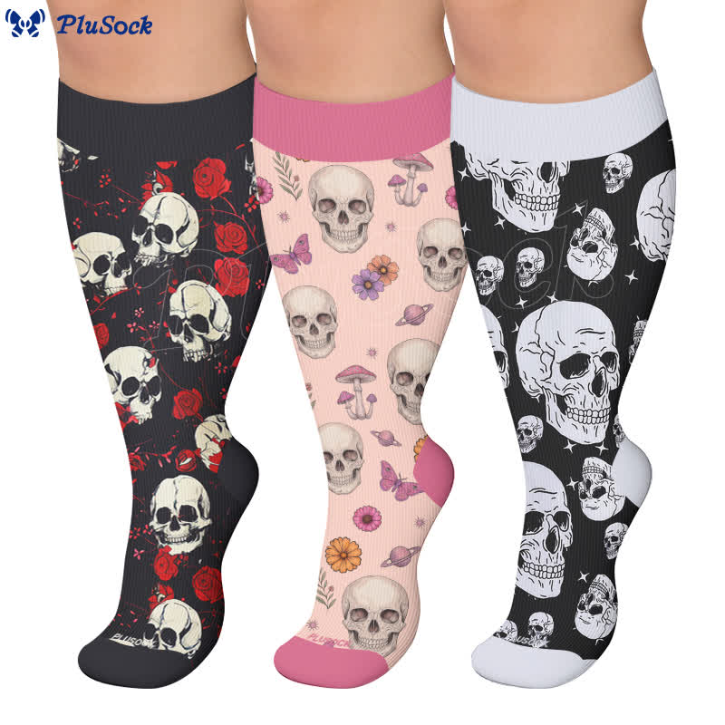 Chaussettes de compression gothiques grande taille tête de mort et Fuchsia - image 0