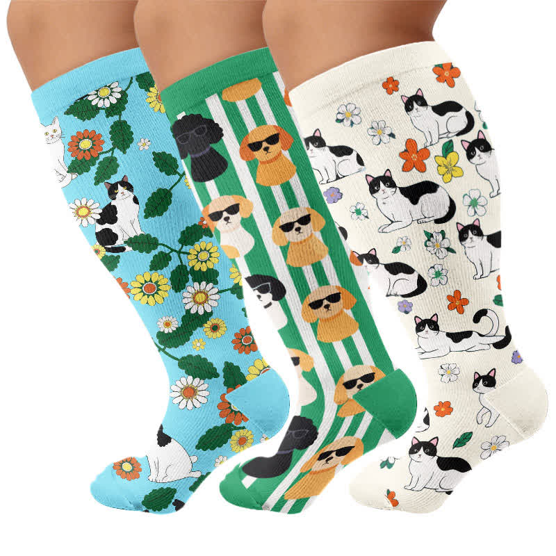 Chaussettes de compression grandes tailles à motifs amusants de chats et de chiens. - Multicolore (3 paires) - 4XL - image 4