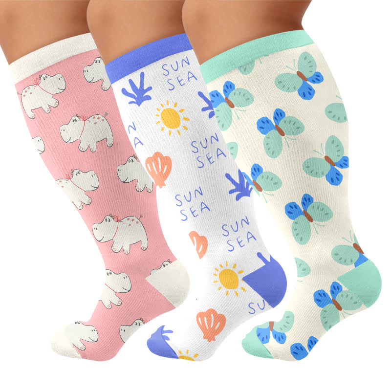 Chaussettes de compression fantaisie à imprimé dessin animé mignon grande taille - Multicolore (3 paires) - 4XL - image 4