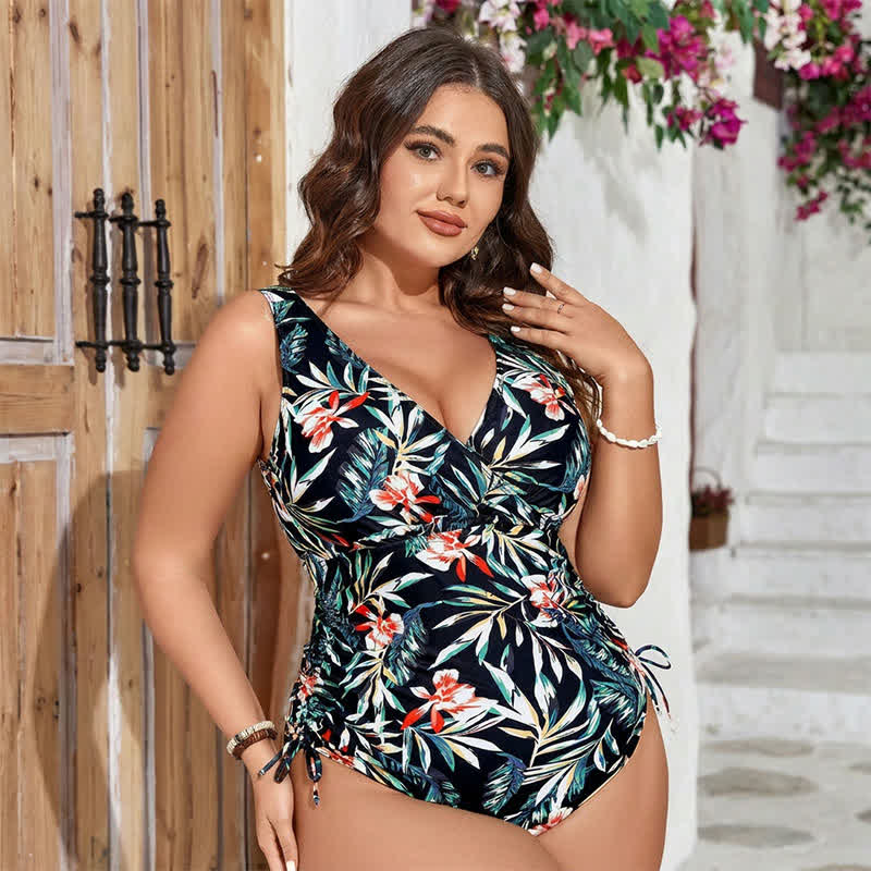 Maillot de bain une pièce froncé à motif de feuilles tropicales - image 3