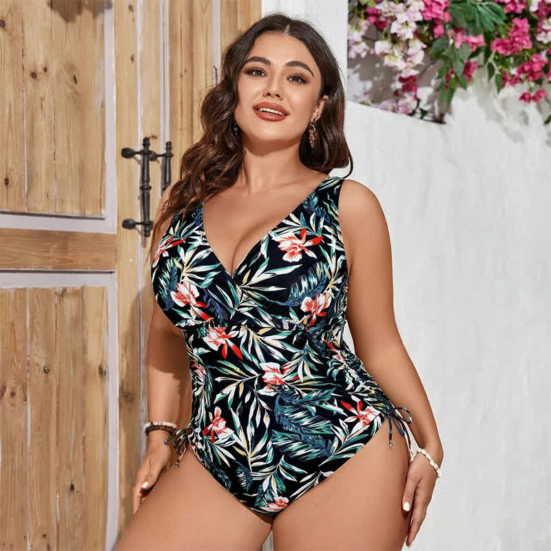 Maillot de bain une pièce froncé à motif de feuilles tropicales - image 4
