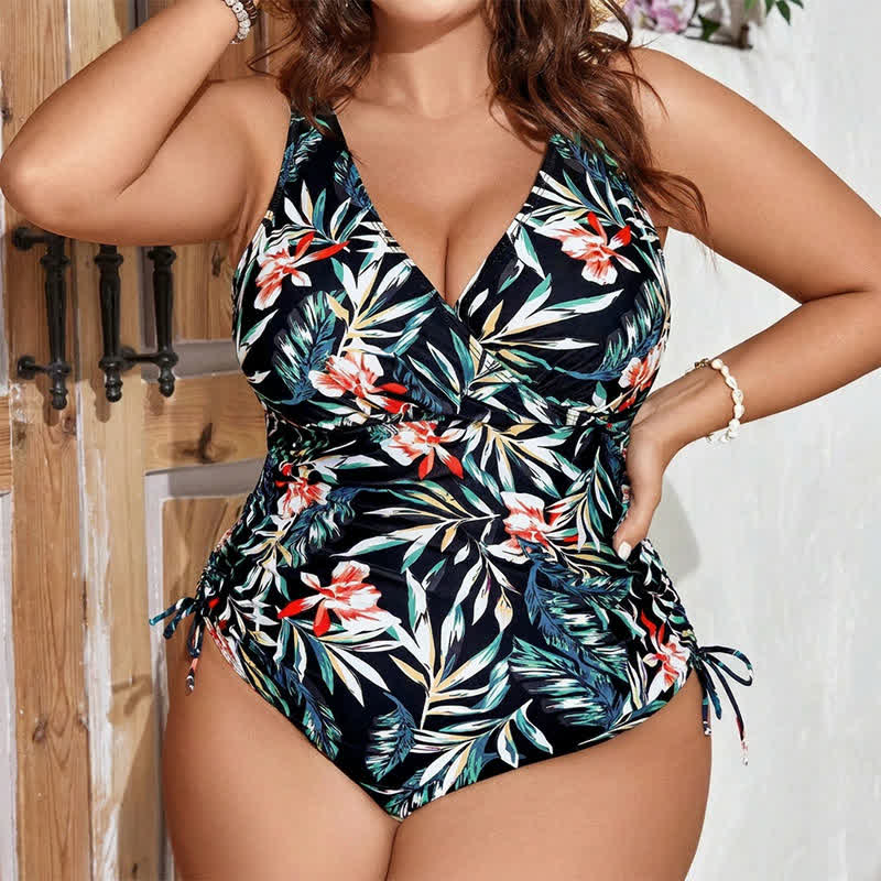 Maillot de bain une pièce froncé à motif de feuilles tropicales - image 0