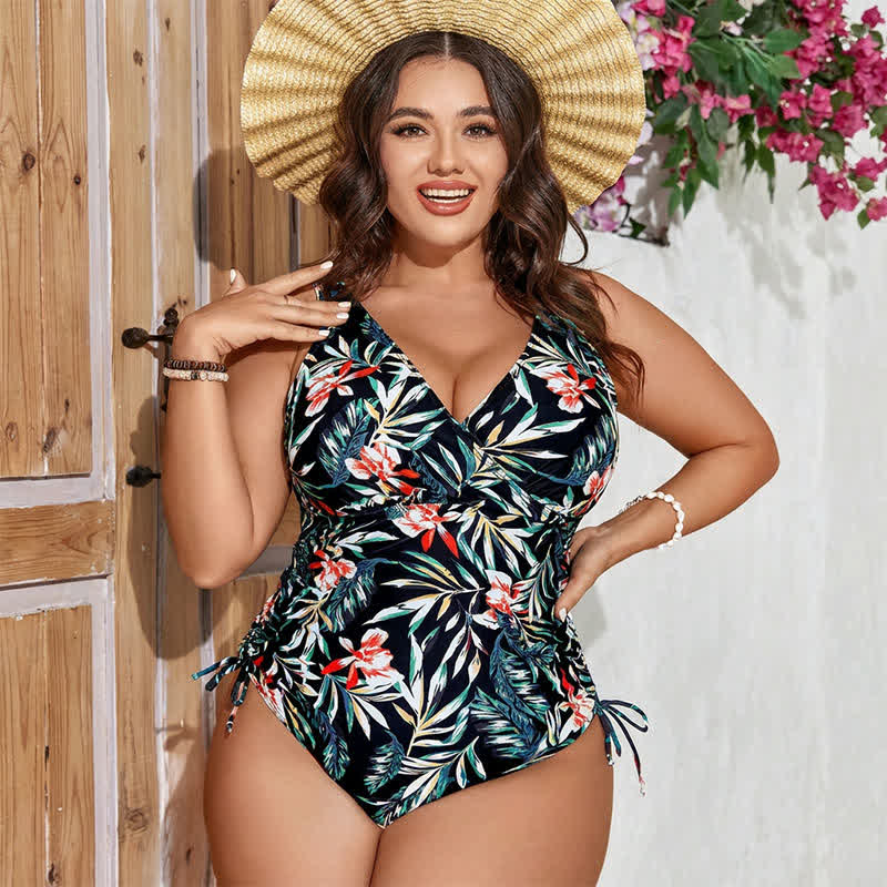 Maillot de bain une pièce froncé à motif de feuilles tropicales - image 2