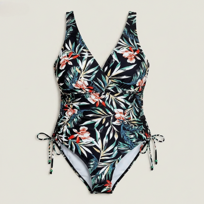 Maillot de bain une pièce froncé à motif de feuilles tropicales - Noir - 5XL - image 8