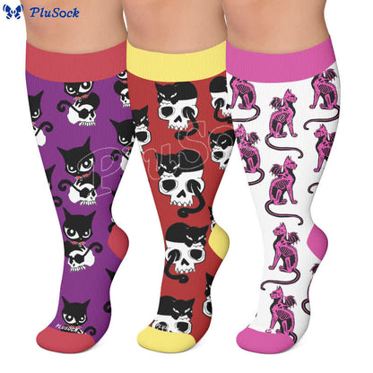 Chaussettes de compression grande taille avec motif squelette chat - image 0