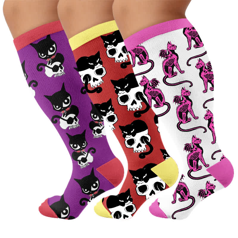 Chaussettes de compression grande taille avec motif squelette chat - Multicolore (3 paires) - 4XL - image 4