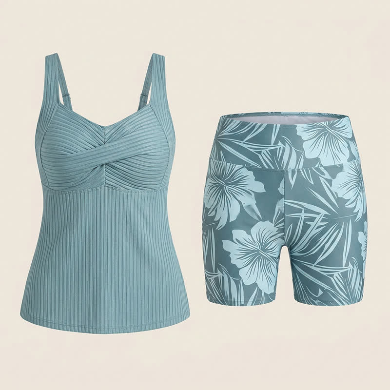 Ensemble tankini à imprimé tropical et décolleté en cœur côtelé - image 21