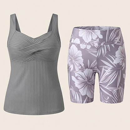 Ensemble tankini à imprimé tropical et décolleté en cœur côtelé - image 22