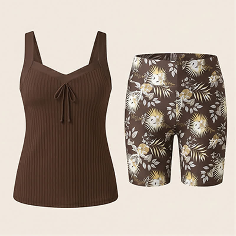 Ensemble tankini à imprimé tropical et décolleté en cœur côtelé - image 19