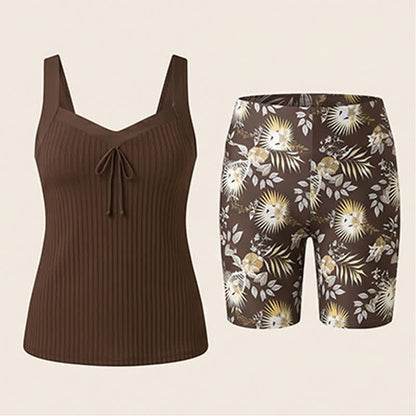 Ensemble tankini à imprimé tropical et décolleté en cœur côtelé - image 19