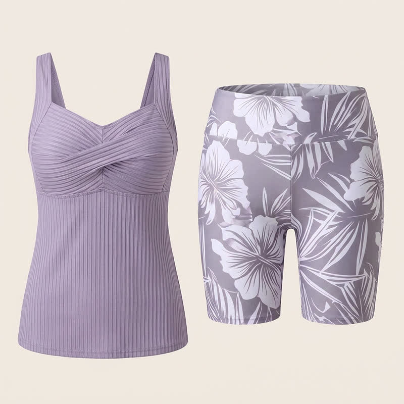 Ensemble tankini à imprimé tropical et décolleté en cœur côtelé - image 24
