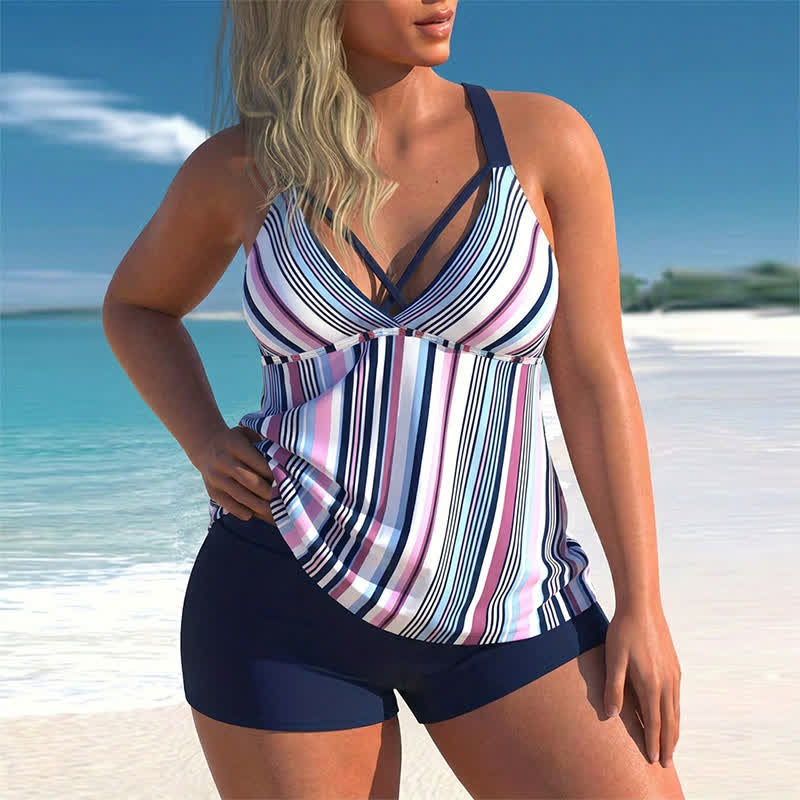 Ensemble tankini fluide à col en V croisé - Bleu - 5XL - image 0