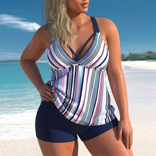 Ensemble tankini fluide à col en V croisé - Bleu - 5XL - image 0
